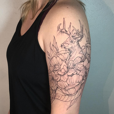 Tattoos - Deer, Teacup, and Floral. Instagram @MichaelBalesArt - 125152